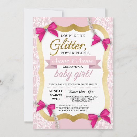 baby shower Roze kant Gold Glitter Bow Girl Invite Kaart (Voorkant)