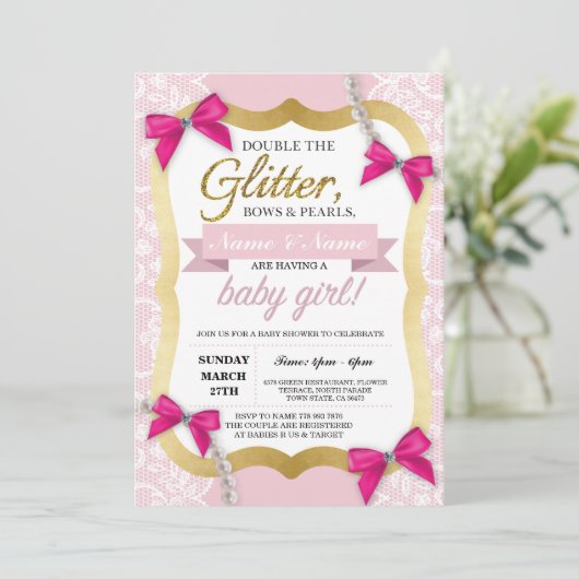 baby shower Roze kant Gold Glitter Bow Girl Invite Kaart (Staand voorkant)
