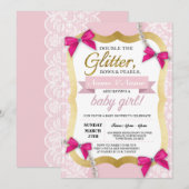 baby shower Roze kant Gold Glitter Bow Girl Invite Kaart (Voorkant / Achterkant)