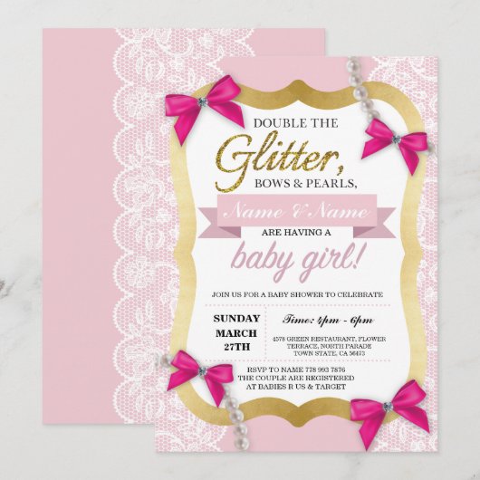 baby shower Roze kant Gold Glitter Bow Girl Invite Kaart (Voorkant / Achterkant)