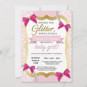 baby shower Roze kant Gold Glitter Bow Girl Invite Kaart