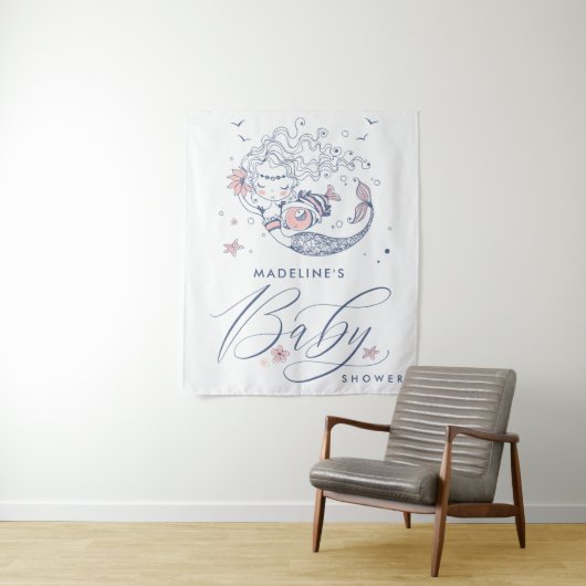 Baby Shower | Roze Kleine Zeemeermin Tapijt Wandkleed (In situ)