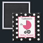 Baby shower - Roze koets en Polka Dot Magneet<br><div class="desc">Een baby shower met een afbeelding van een roze kinderwagen over een achtergrond van zwart met witte stippen. Personaliseer met jouw naam.</div>