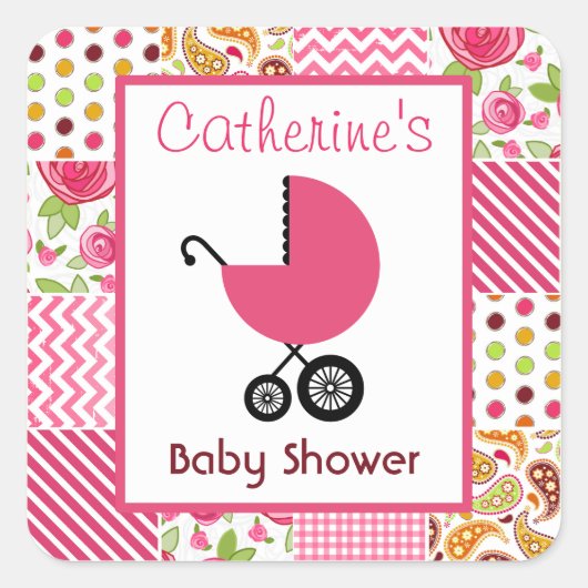 Baby shower Roze Koets & Girly Patchwork Vierkante Sticker (Voorkant)