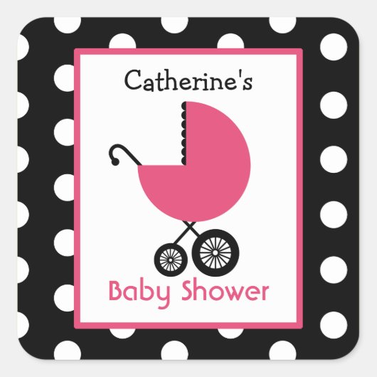 Baby shower Roze Koets & Polka Dots Vierkante Sticker (Voorkant)