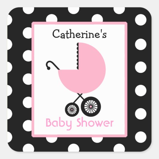 Baby shower Roze Koets & Polka Dots Vierkante Sticker (Voorkant)