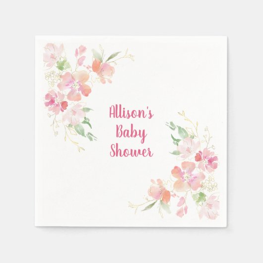 Baby Shower | Roze koraal gouden bloemen Servet (Voorkant)