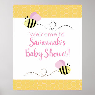 Baby shower roze meibel bijen poster
