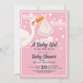 Baby shower roze meisje ooievaar wolken kaart (Voorkant)