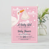 Baby shower roze meisje ooievaar wolken kaart (Staand voorkant)