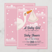 Baby shower roze meisje ooievaar wolken kaart (Voorkant / Achterkant)