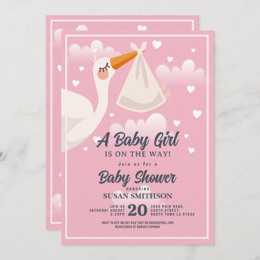 Baby shower roze meisje ooievaar wolken kaart (Voorkant / Achterkant)