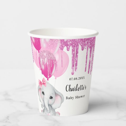 Baby shower roze olifant meisje ballonnen papieren bekers (Achterkant)