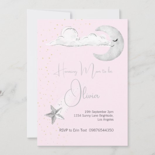 Baby shower roze over de maan Waterverf Kaart (Voorkant)