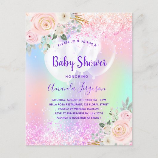 Baby shower roze paarse ballonvaarzen flyer (Voorkant)