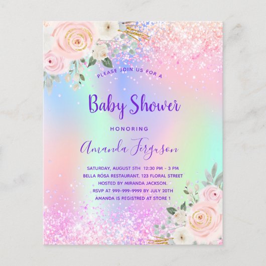 Baby shower roze paarse bloemenuitnodiging (Voorkant)