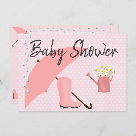 Baby Shower Roze Paraplu en Regenlaarzen Kaart (Voorkant / Achterkant)