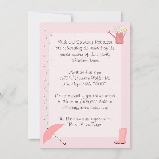 Baby Shower Roze Paraplu en Regenlaarzen Kaart (Achterkant)