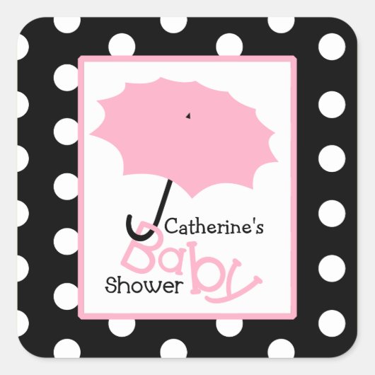 Baby shower Roze Paraplu & Polka Dots Vierkante Sticker (Voorkant)