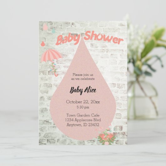 Baby shower Roze Paraplu Verdrietige Uitnodiging (Staand voorkant)