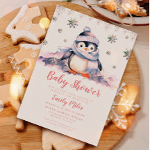 Baby shower Roze Pinguïn Invitation