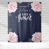 Baby Shower Roze Pioen Navy Blauwe Welkom Wandkleed