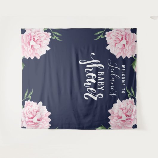 Baby Shower Roze Pioen Navy Blauwe Welkom Wandkleed (Voorkant (horizontaal))