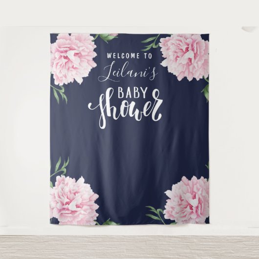 Baby Shower Roze Pioen Navy Blauwe Welkom Wandkleed (Voorkant)