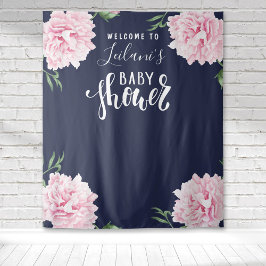 Baby Shower Roze Pioen Navyblauwe Welkom Wandkleed
