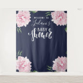 Baby Shower Roze Pioen Navyblauwe Welkom Wandkleed (Voorkant)
