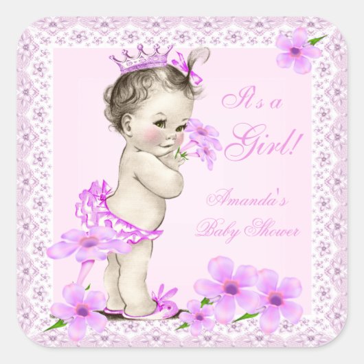  Baby shower  roze roze bloemen Vierkante Sticker (Voorkant)