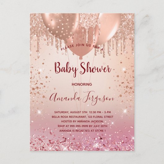 Baby shower roze roze roos goud glitter ballons me uitnodiging briefkaart (Voorkant)