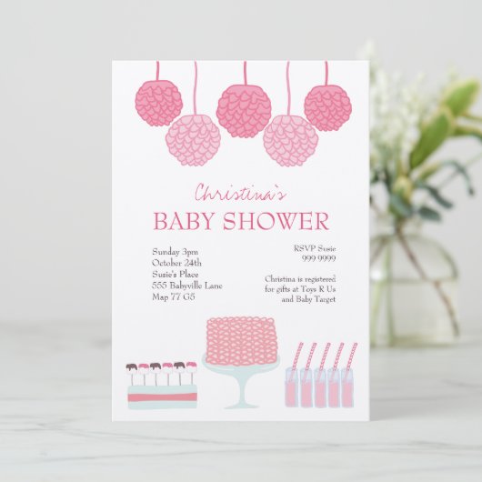 Baby shower roze roze rotsroebel om pom Poms uit t Kaart (Staand voorkant)