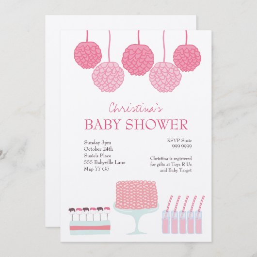 Baby shower roze roze rotsroebel om pom Poms uit t Kaart (Voorkant / Achterkant)
