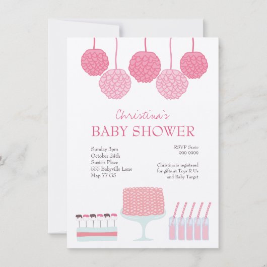 Baby shower roze roze rotsroebel om pom Poms uit t Kaart (Voorkant)