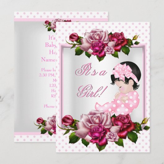 Baby shower roze roze rozen pols dots Kaart (Voorkant / Achterkant)