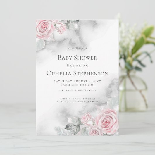 Baby shower Roze Rozen Kaart (Staand voorkant)