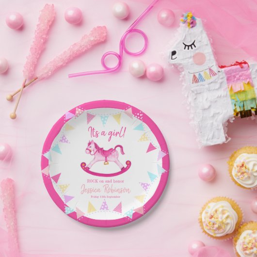 Baby shower roze schommelpaard papieren bordje (Feest)