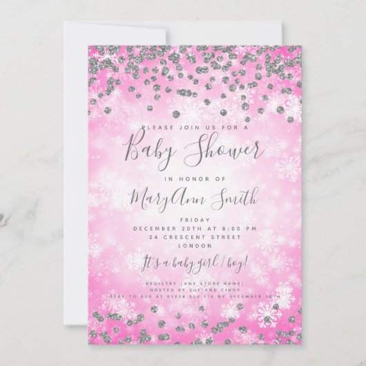 baby shower Roze Silver Glitter Winter Wonderland Kaart (Voorkant)