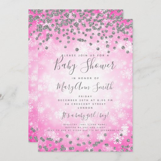 baby shower Roze Silver Glitter Winter Wonderland Kaart (Voorkant / Achterkant)