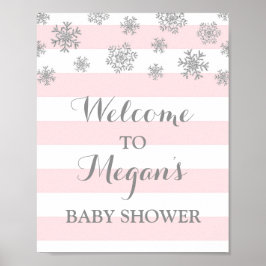 Baby shower roze strepen zilver sneeuw poster