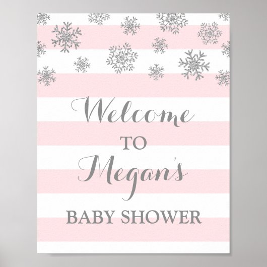 Baby shower roze strepen zilver sneeuw poster (Voorkant)