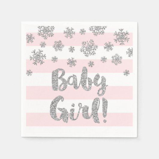 baby shower roze strepen zilversneeuwvlokken servetten (Voorkant)