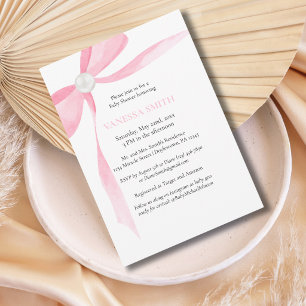 Baby Shower Roze Strik Witte Parel Baby Meisje Mod Kaart