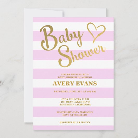 baby shower roze strips met gouden briefing kaart (Voorkant)