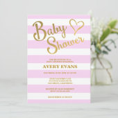 baby shower roze strips met gouden briefing kaart (Staand voorkant)