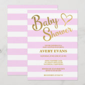 baby shower roze strips met gouden briefing kaart (Voorkant / Achterkant)