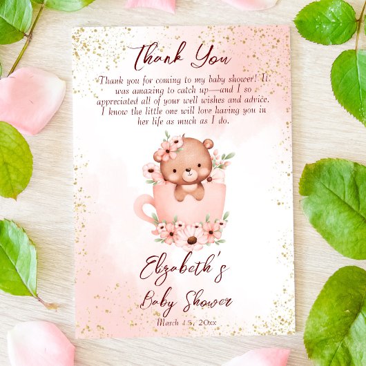 Baby shower roze teddy in een bekertje bedankkaart