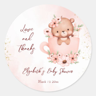 Baby shower roze teddy in een bekertje ronde sticker