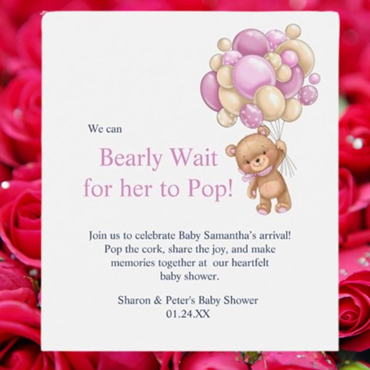 baby shower roze teddy wijn etiket